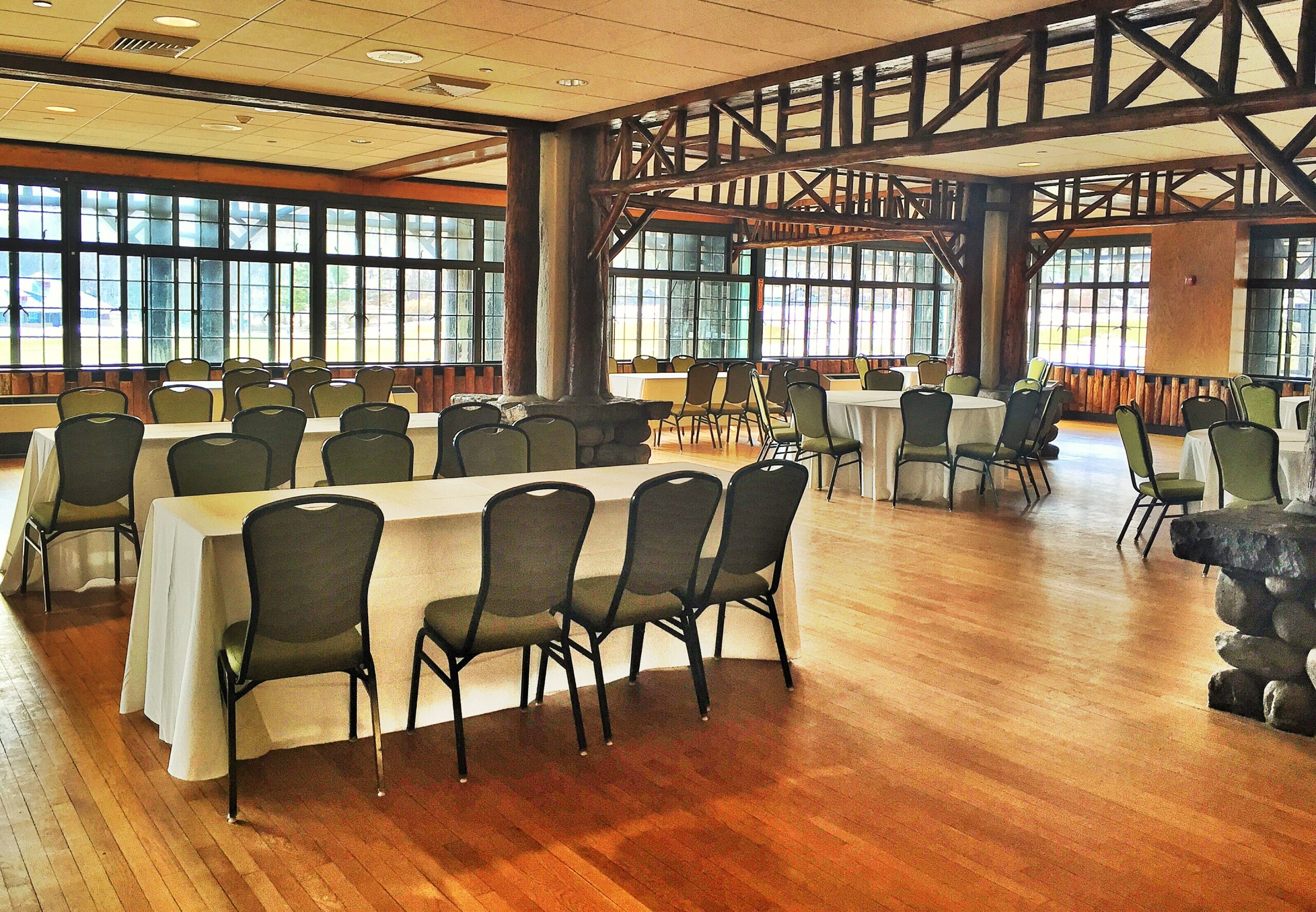 A large dining area with many tables and chairs
