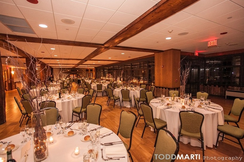 Dining area in the eventing with tables set