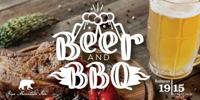 Ad for a Beer and BBQ event with a mug of beer sitting next to a plate of BBQ